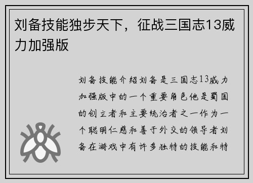 刘备技能独步天下，征战三国志13威力加强版